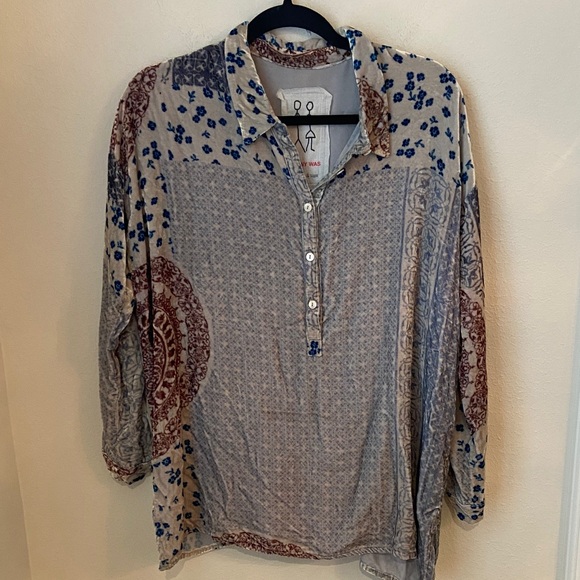 Johnny Was Tops - Johnny Was Silk Blend Mixed Print Boho Button Front Blouse Blue Burgundy Size S